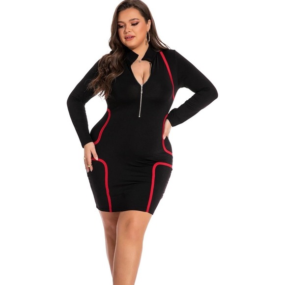 Bodycon‎ Dress - Long Sleeve, Zip Front, Red Trim - Size XL - Picture 1 of 5